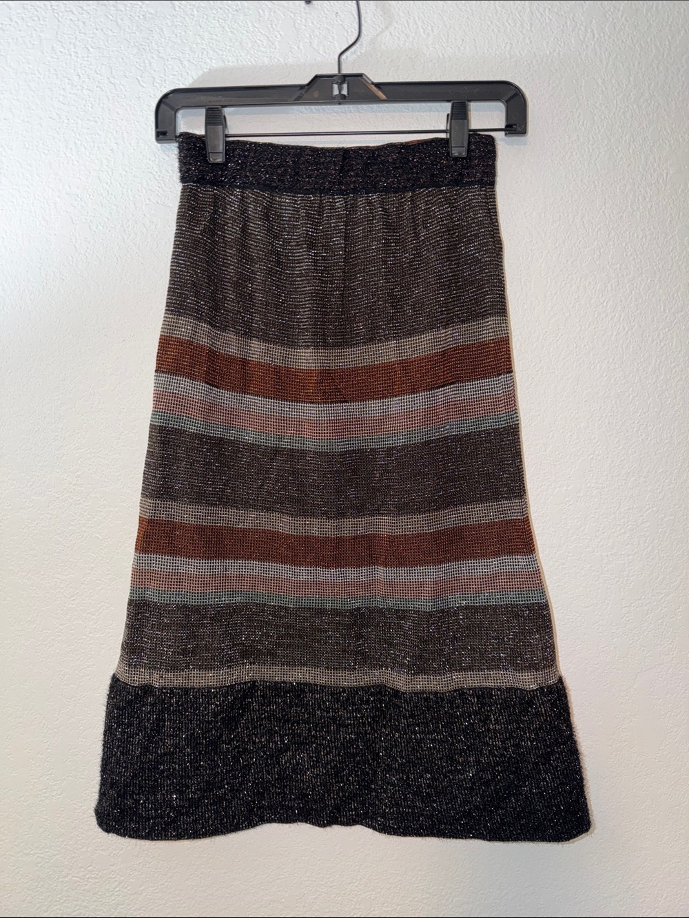 M by Missoni Striped Knit Midi Skirt in Black, Brown and Rust